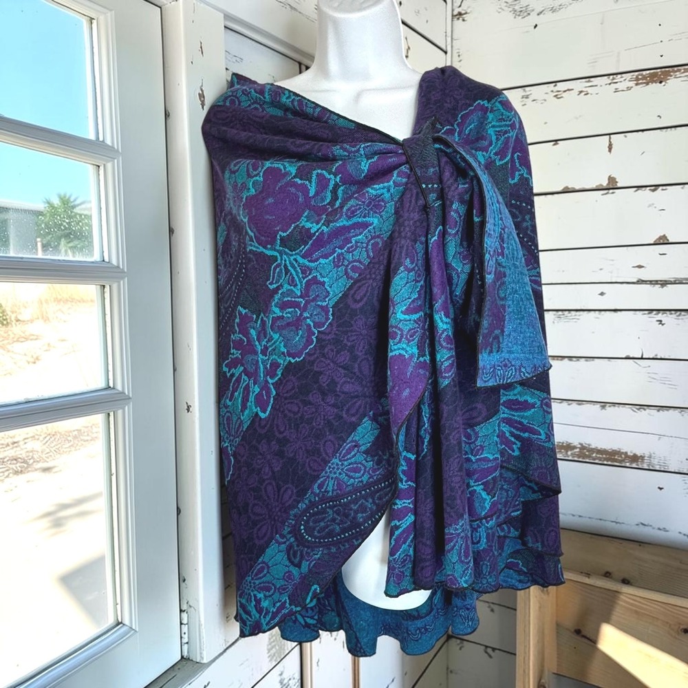 100% Cashmere Vintage Shawl Purple Teal Floral Paisley Jacquard Capelet Wrap